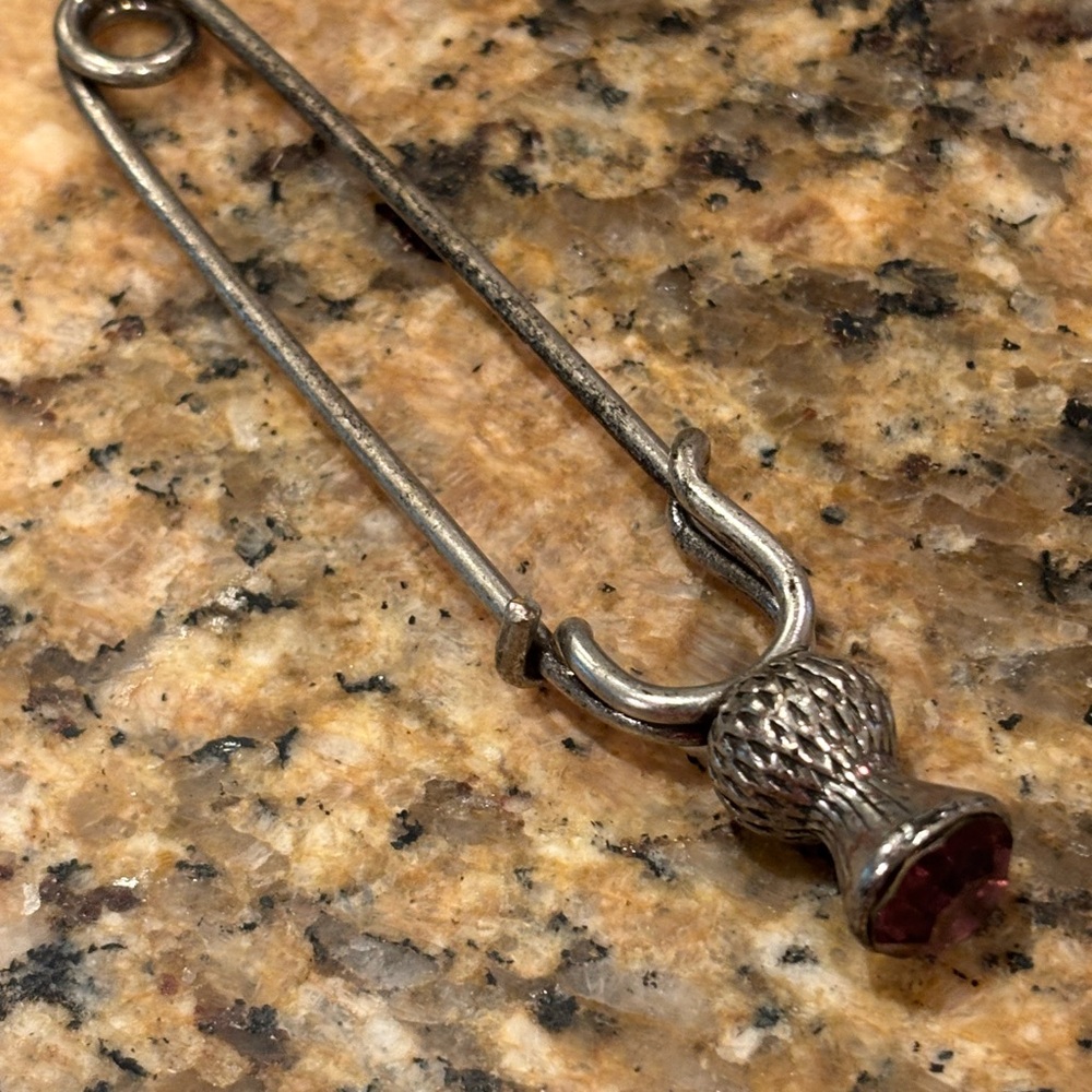 Scottish Thistle and Amethyst Color Glass Stone Kilt Pin